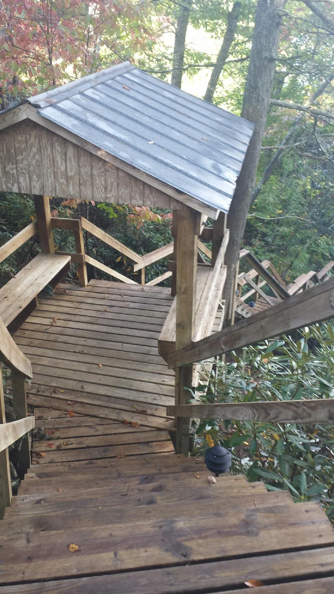 Metal roofed shelter over wooden steps on a wooded walkway — Skylight Repair & Installation work by our crew in Lulu